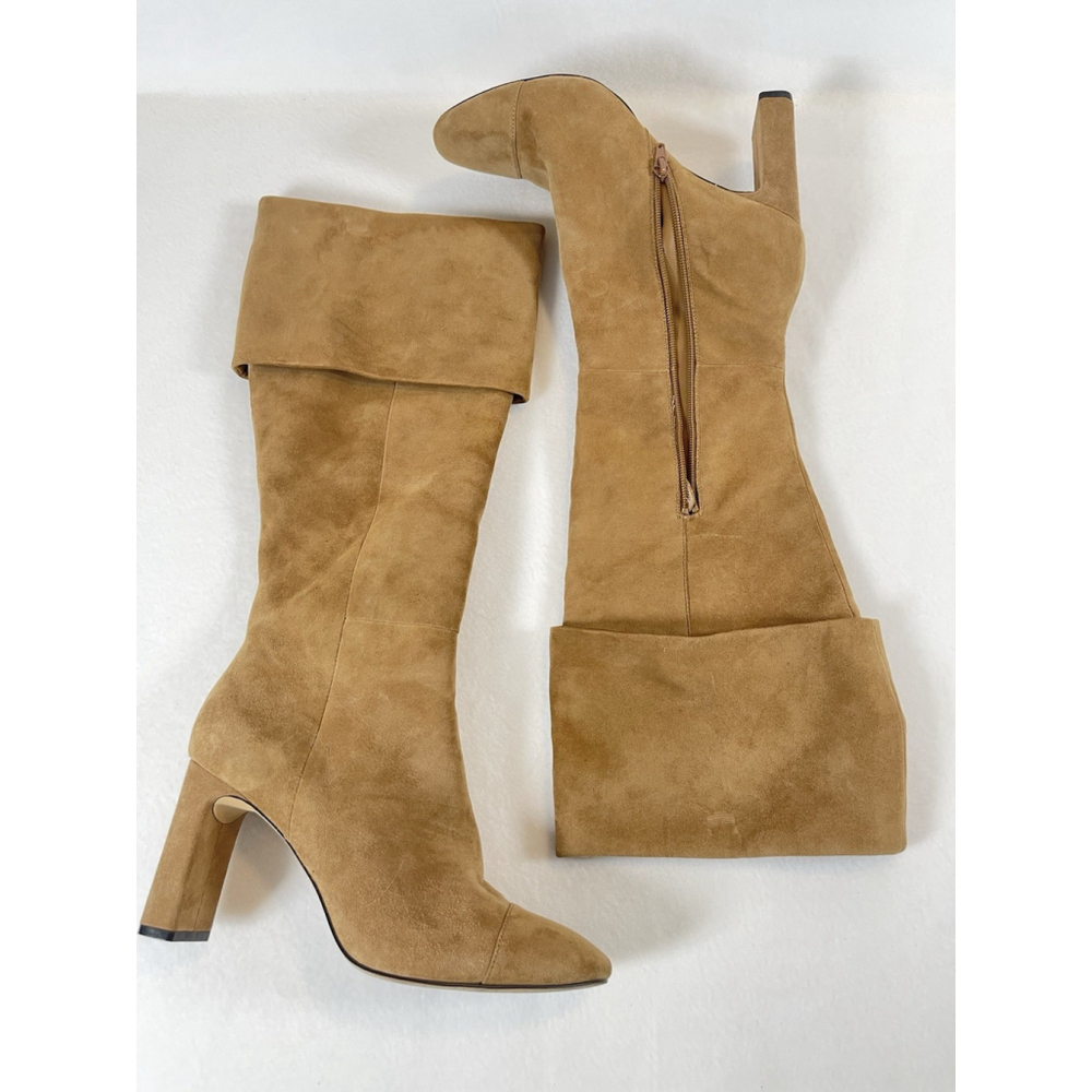 Something Navy Camel Suede Boots 9 Round Toe Chunky Heel Knee High - Picture 2 of 8